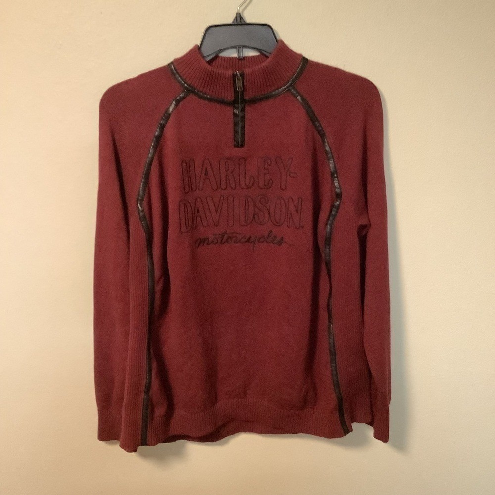 Harley Davidson Mens 2XL Burgundy Wool Blend 1/4 Zip Sweater‎ Faux Leather Trim